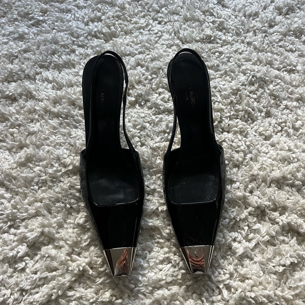 PRICED TO SELL Vintage Saint Laurent Black Patent Heels with Silver Square Toe
